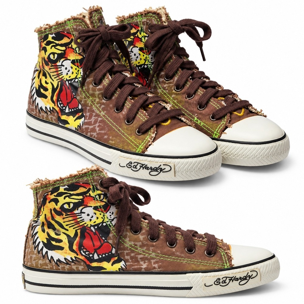 ED HARDY High-Top Canvas Sneaker Womens Sz 7 Brown Roaring Tiger Tattoo Graphic